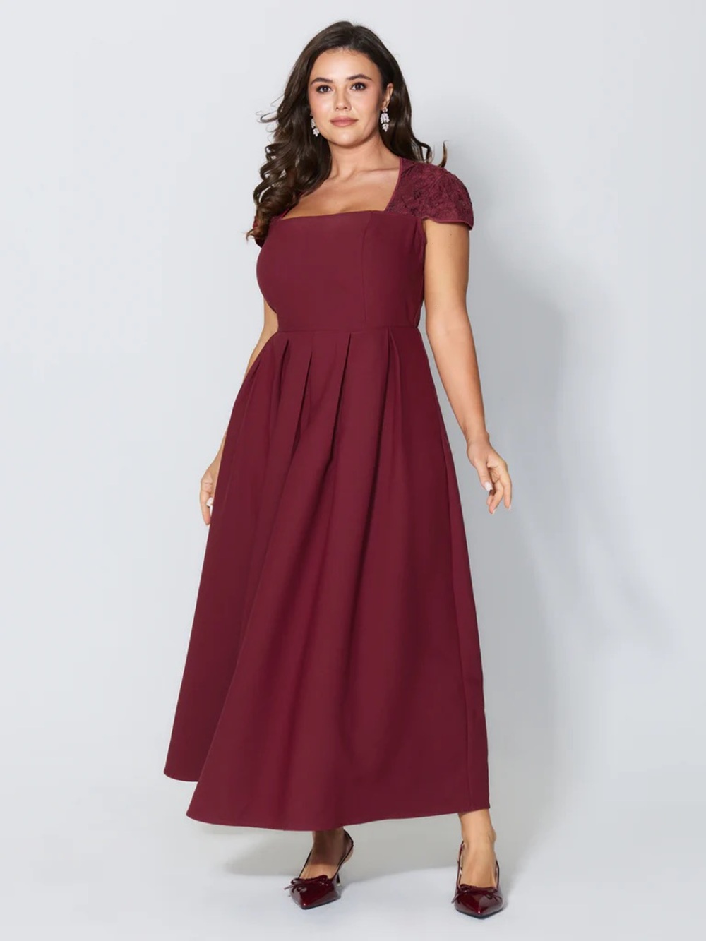 BloomChic Burgundy Square Neck Maxi Dress with Lace Cap Sleeves